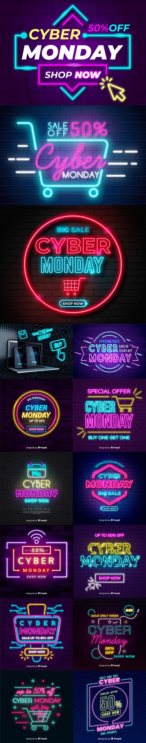 Cyber Monday Sales With Neon Lights Vector Collection