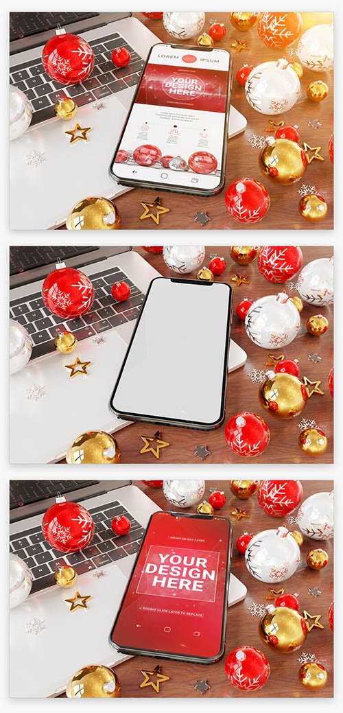Smartphone near Holiday Ornaments Mockup