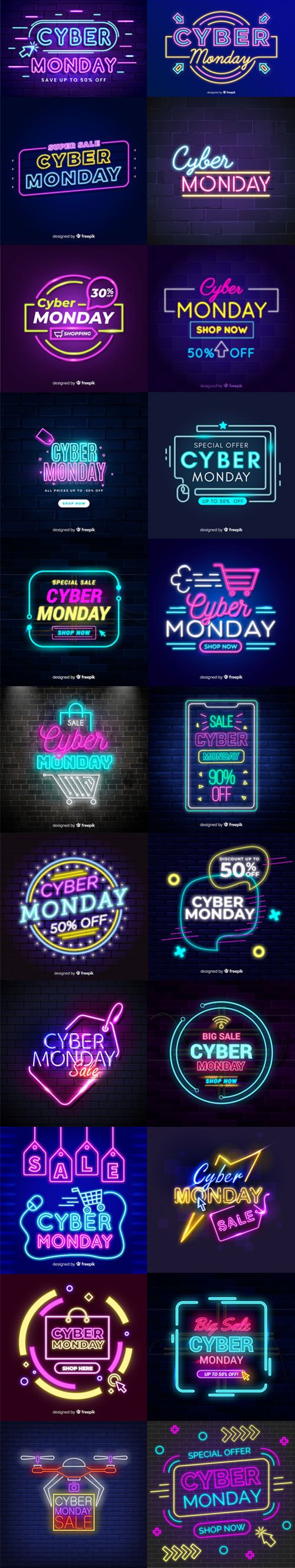 Cyber Monday Sales With Neon Lights Vector Collection