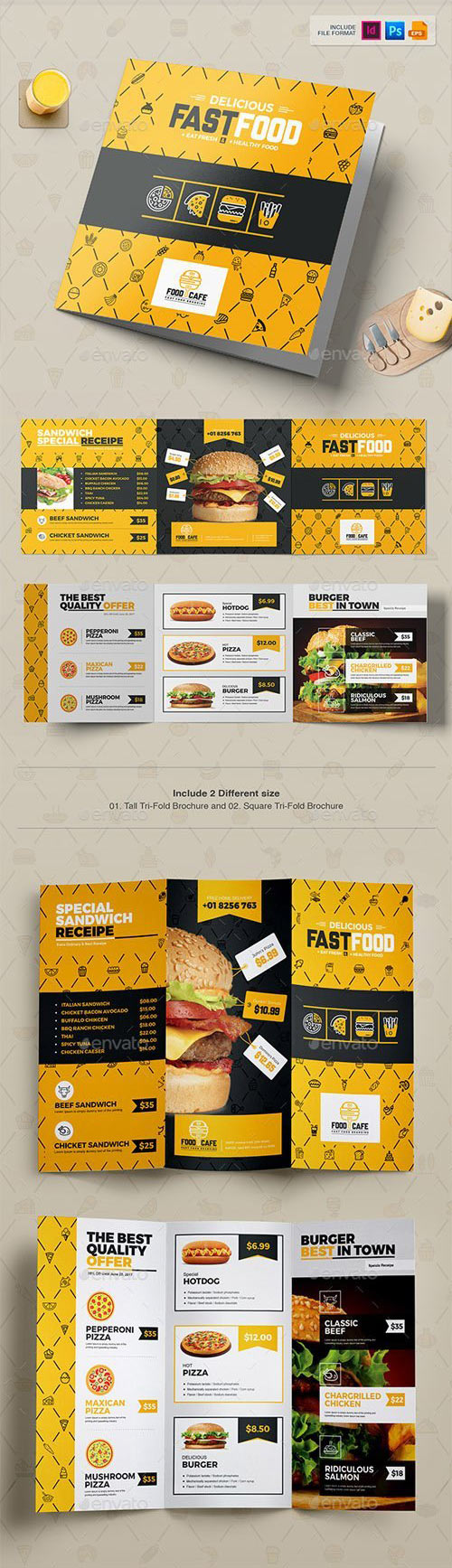 Tri-Fold Brochure Square & Tall Design Template for Fast Food Restaurants Cafe