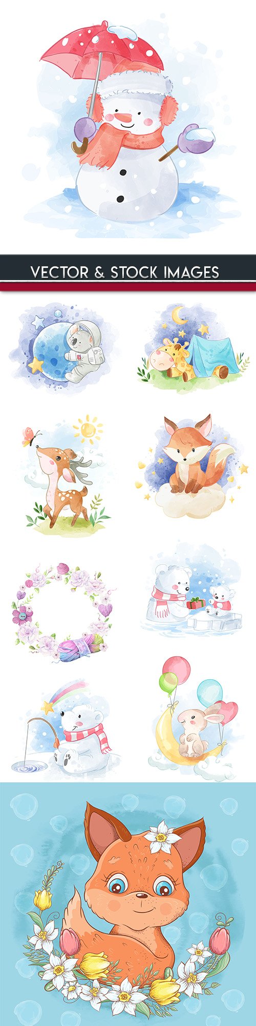 Funny animals flowers and snow watercolor illustrations