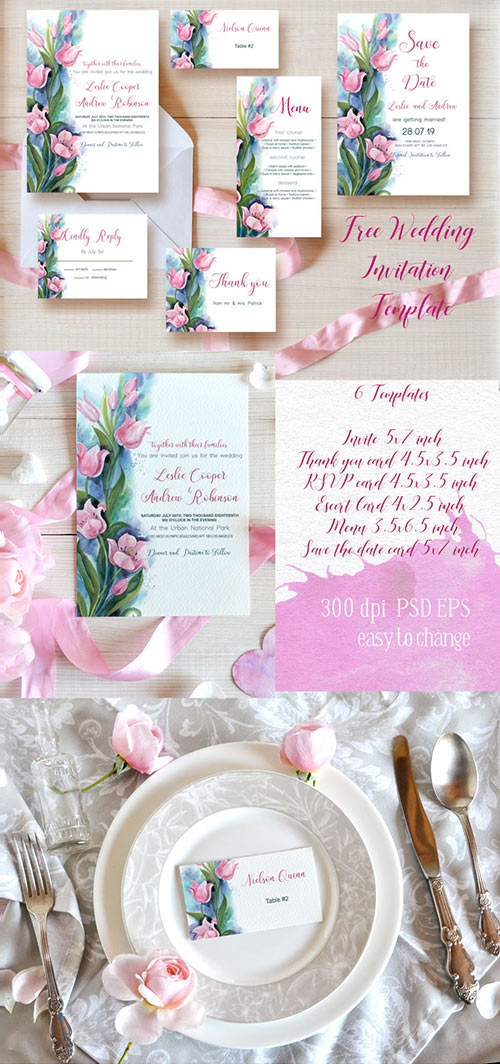 Wedding Invitation Template set with Tulips
