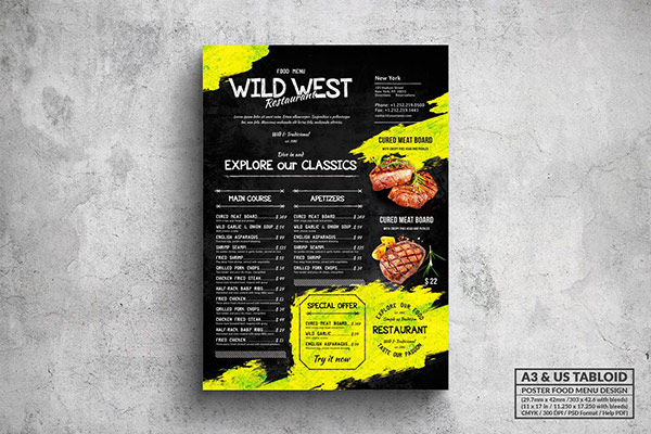 Wild Vintage Poster Food Menu - A3 & US Tabloid PSD
