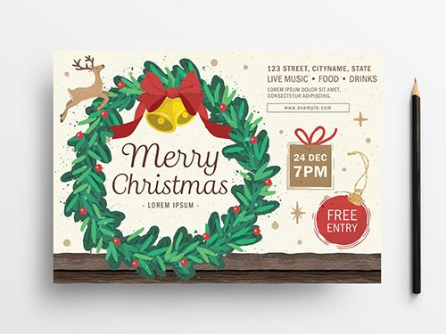 Holiday Event Flyer Layout with Wreath Illustration