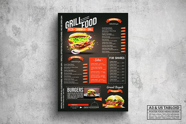 Elegant Grill Poster Food Menu - A3 & US Tabloid
