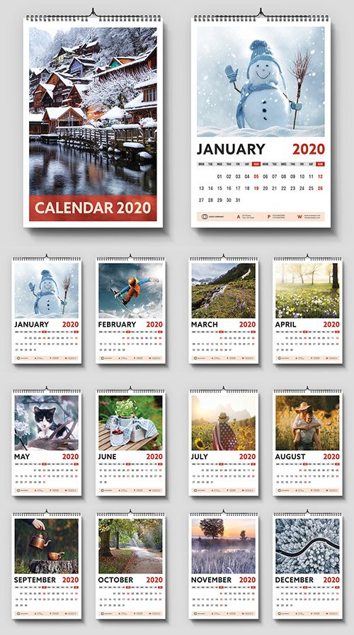 2020 Wall Calendar Layout with Red Accents