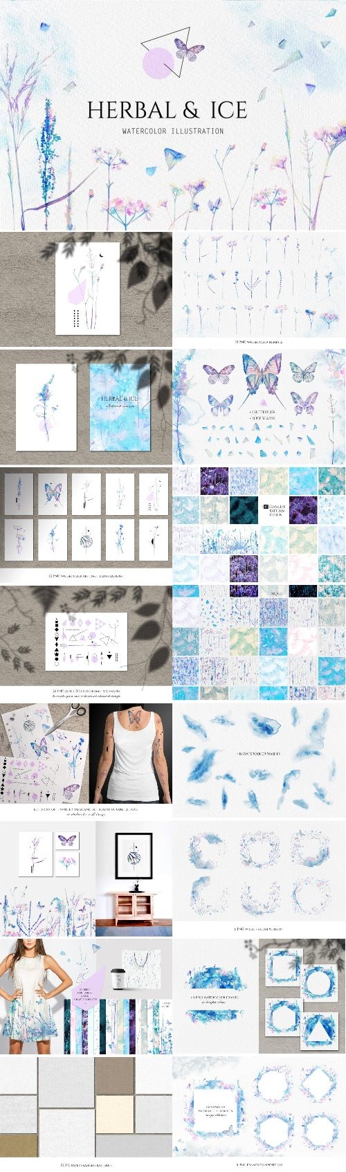Watercolor floral design collection, herbal and ice