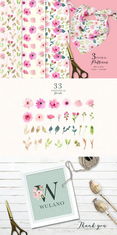 Pink Delight Watercolor Floral Clipart