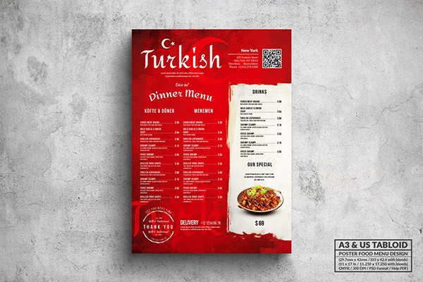 Turkish Cuisine Poster Food Menu - A3 & US Tabloid PSD