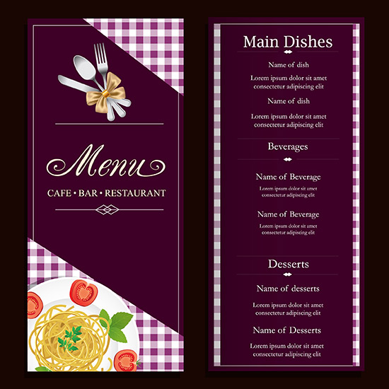 Restaurant menu design with classical violet background
