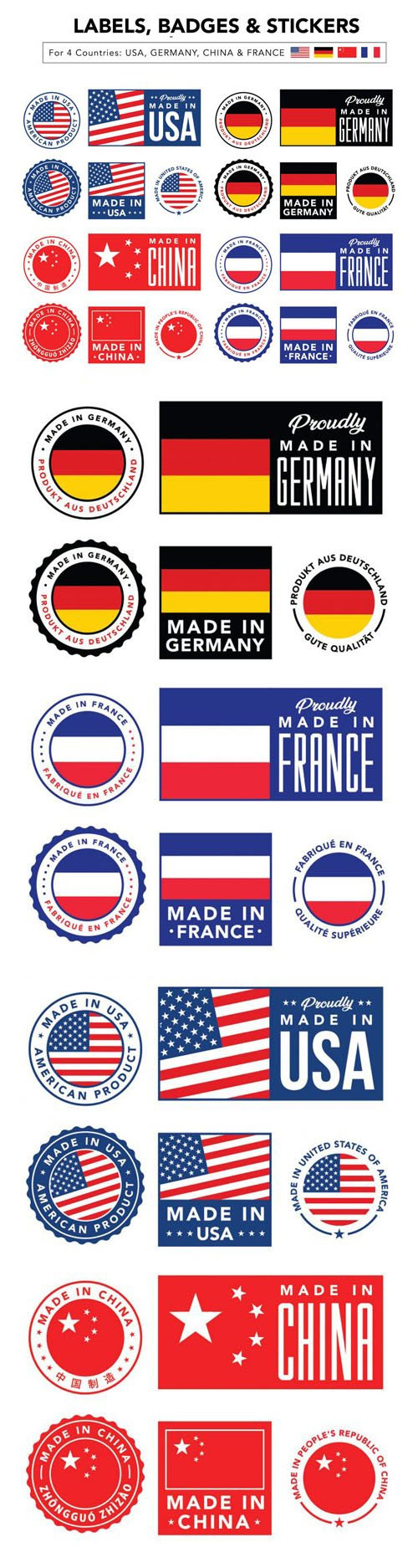 Made in USA, Germany, China & France Labels, Badges & Stickers in Vector