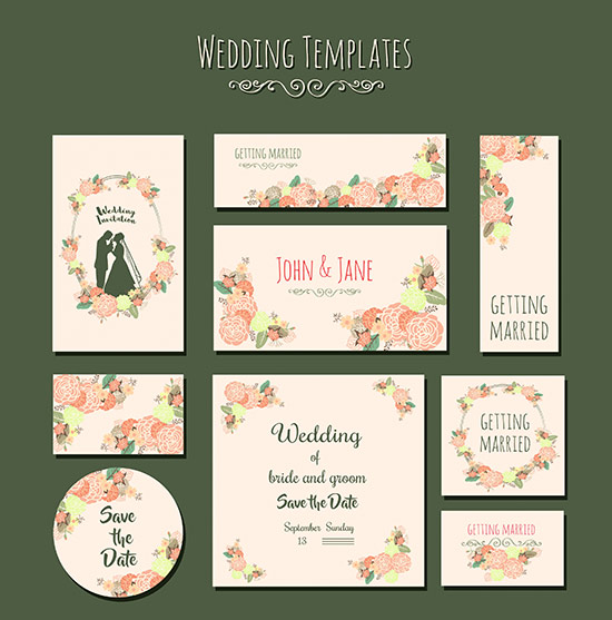 Wedding card templates colorful flowers marriage couple icons