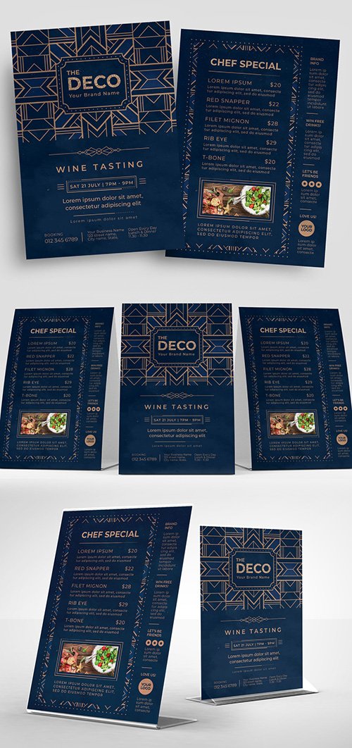 Art Deco Menu Layout with Blue and Gold Elements