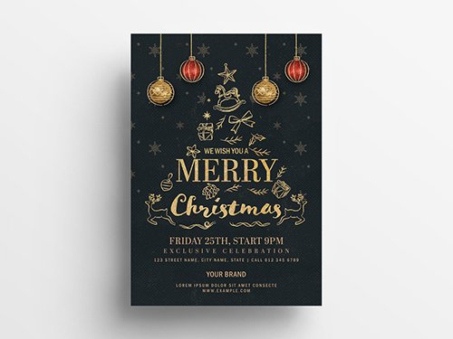 Christmas Flyer Layout with Black and Gold Detailing