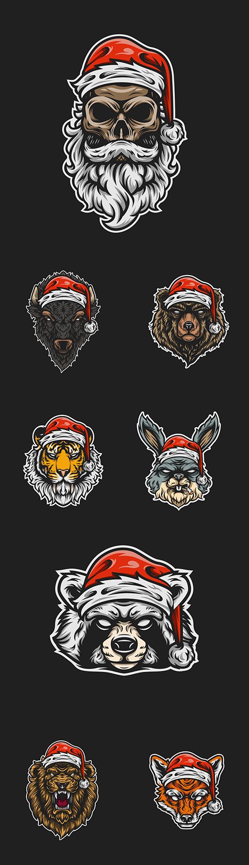 Head animals in cap of Santa painted illustrations