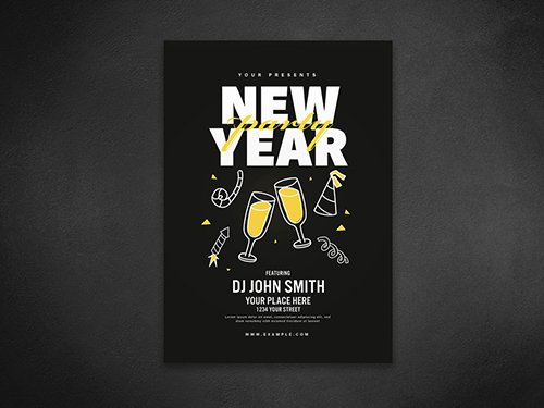 New Year's Event Flyer Layout with Champagne Flute Illustrations