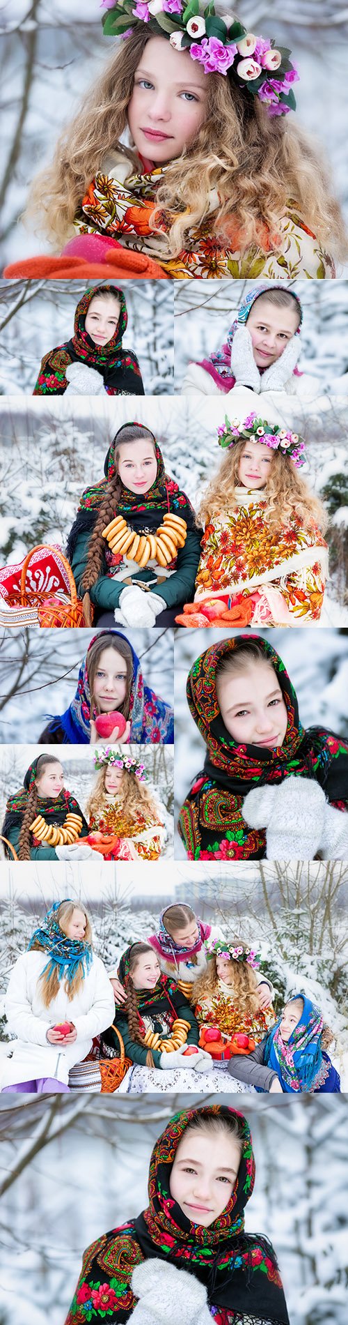 Young girls in traditional costume Russian winter