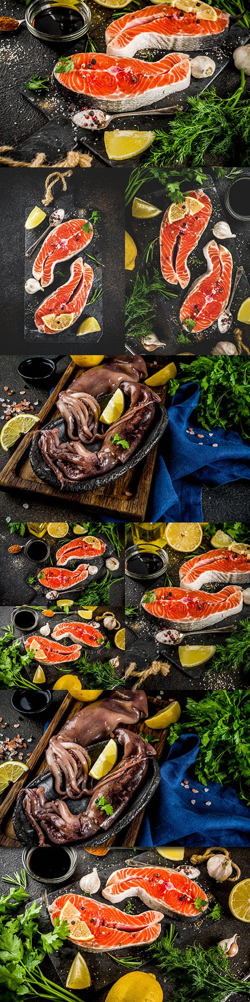 Salmon steak and octopus with spices and lemon