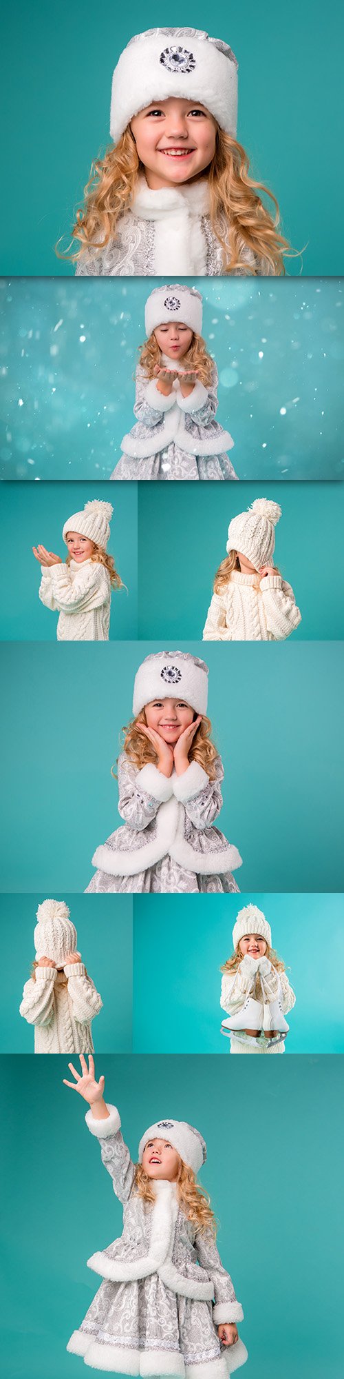 Little girl in snow maiden suit and knitted hat