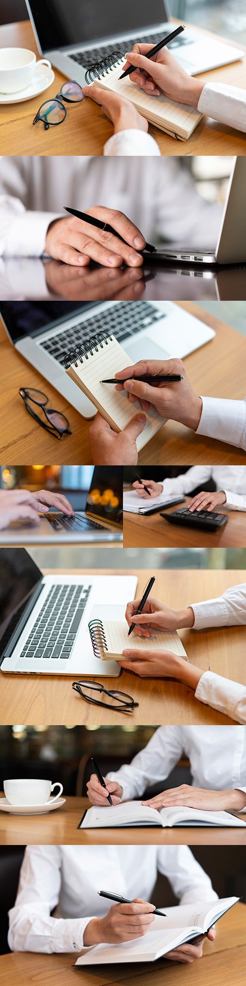 Business desktop, hands with notebook and keyboard