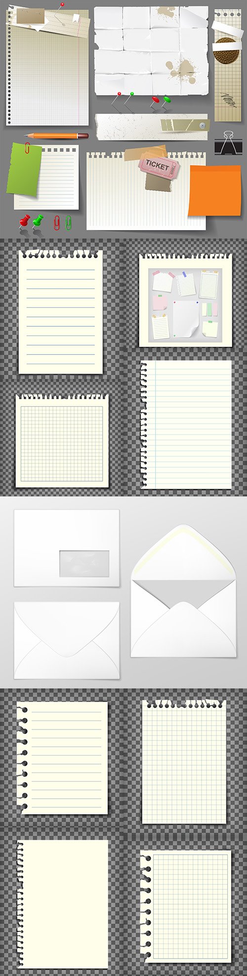 Written paper and sheets notebook collection illustrations