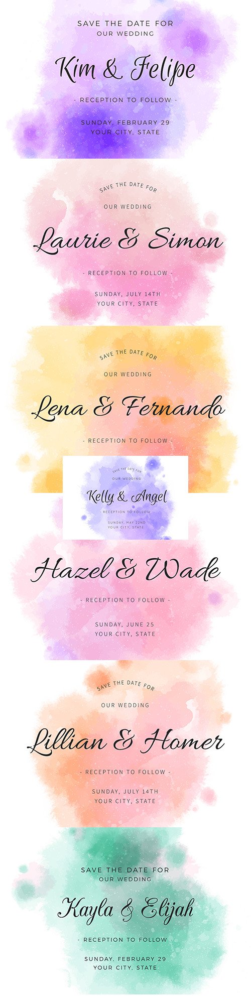 Wedding invitations with gradient watercolour spots
