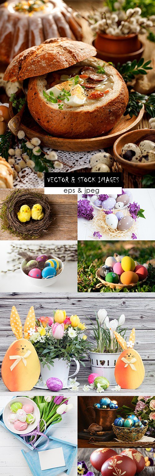 Easter scenery spring flowers and Easter eggs