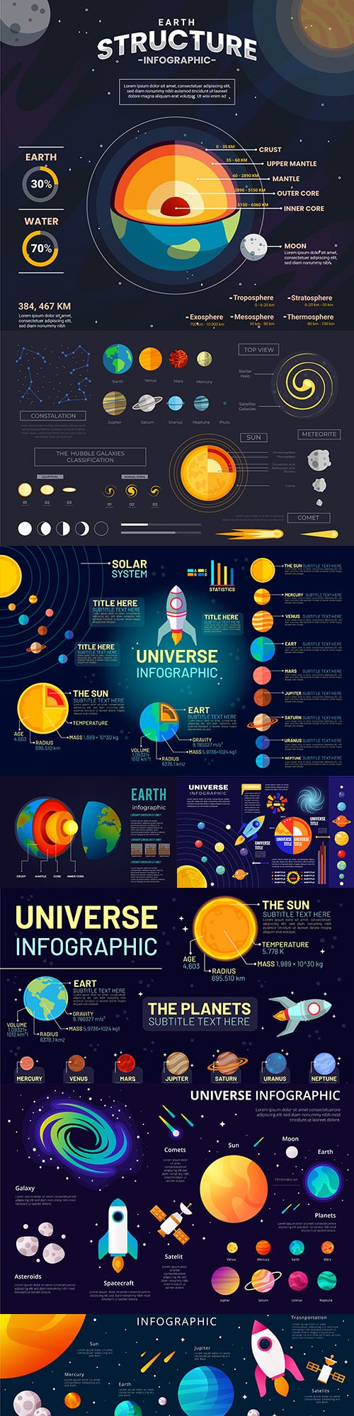 Universe of infographics with planets and spaceships
