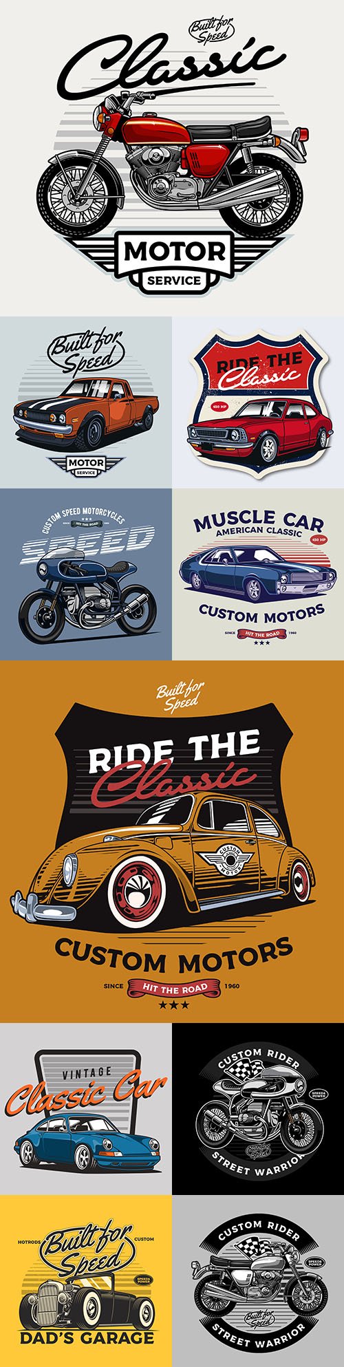 Classic car and vintage motorcycle illustrations