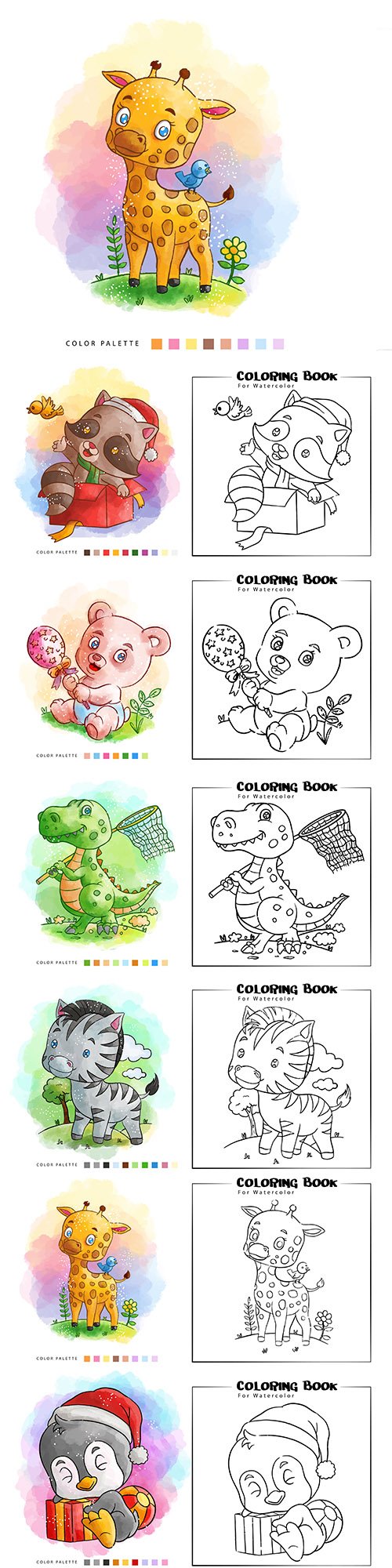 Coloring nice animal watercolor illustrations
