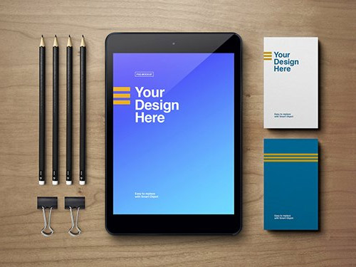 Tablet, Business Card, and Pencils Mockup