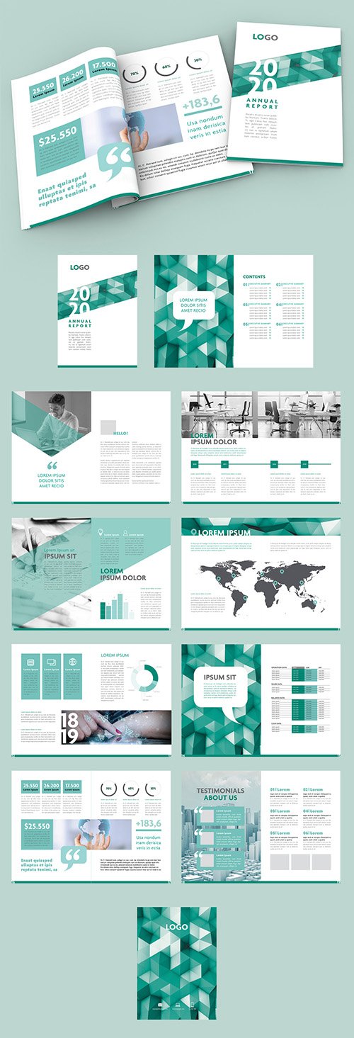Annual Report Layout with Teal Geometric Elements