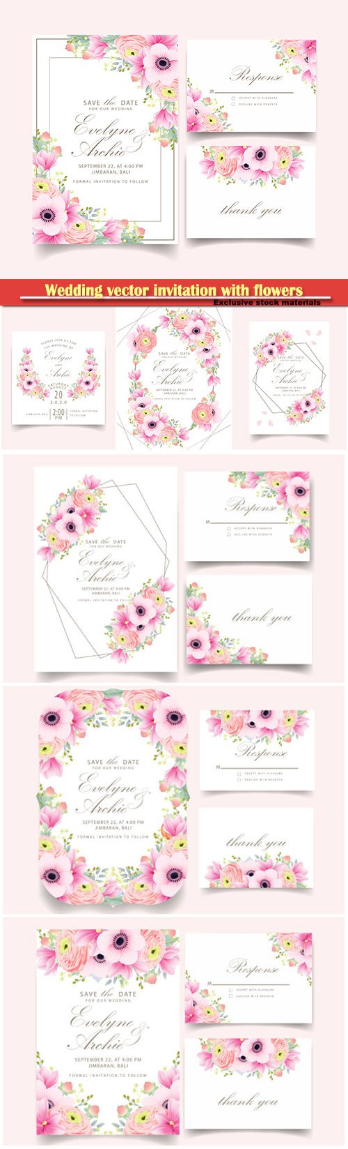 Wedding vector invitation with beautiful flowers