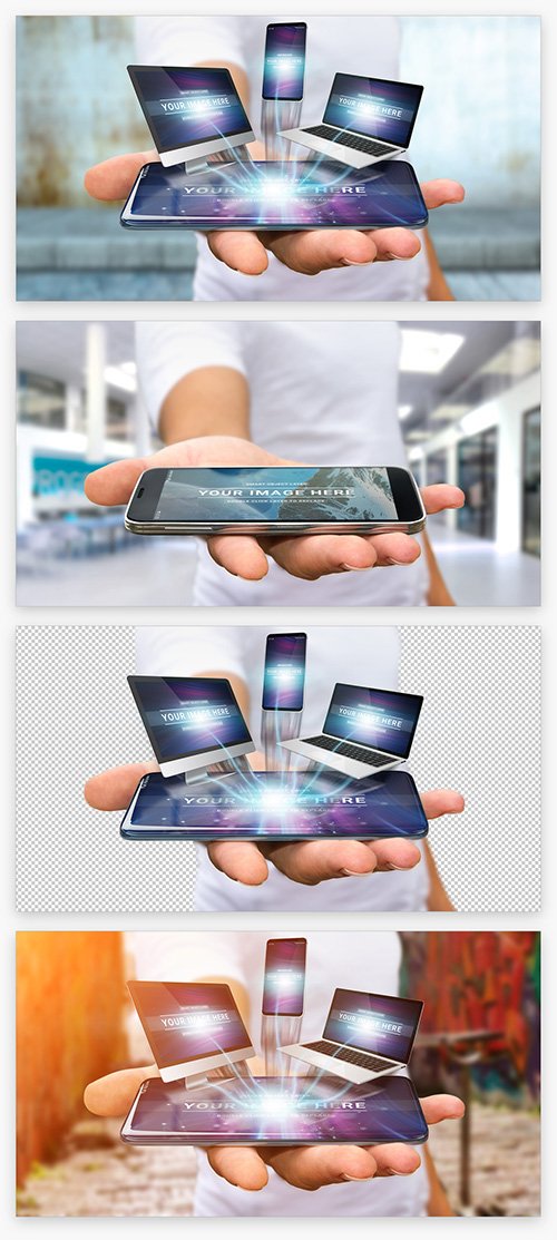 Hand Holding Smartphone with Floating Devices Mockup