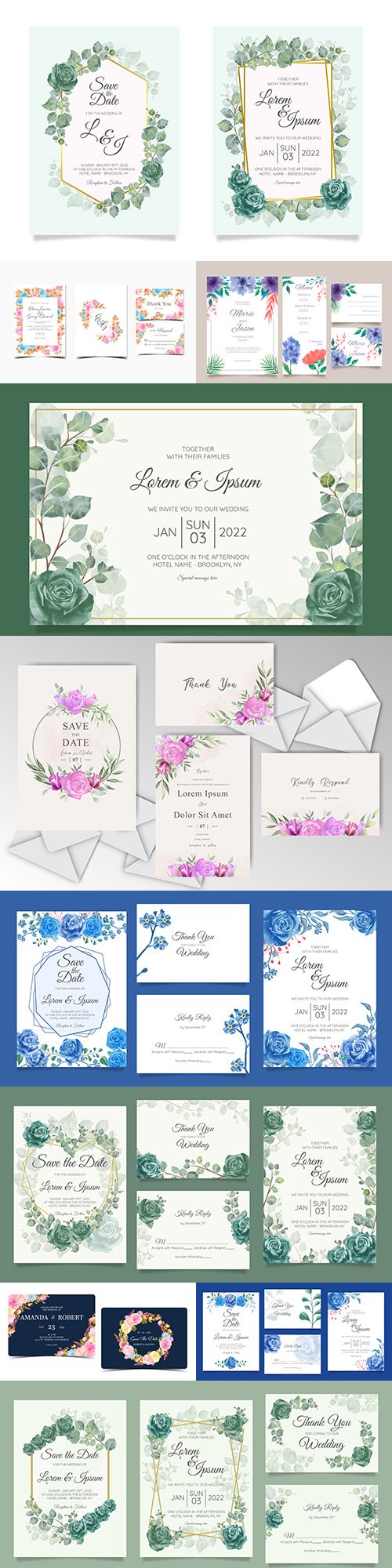Watercolor wedding invitations with floral elegant template