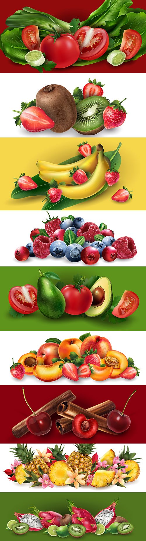 Exotic fruits and berries composition 3d illustration