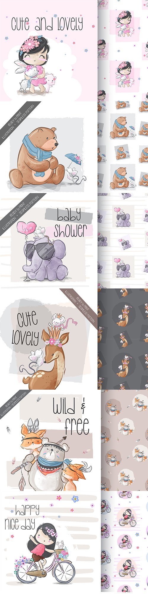 Cute baby and funny animal illustrations seamless pattern