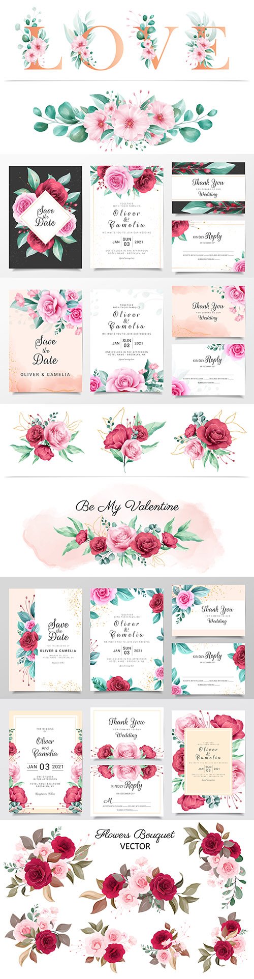 Watercolor wedding invitations floral elegant template 5