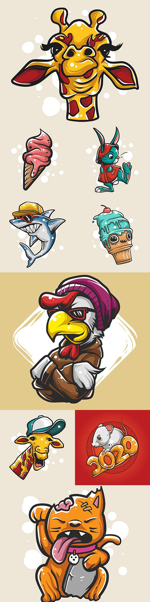 Animal head and ice cream fun design illustrations