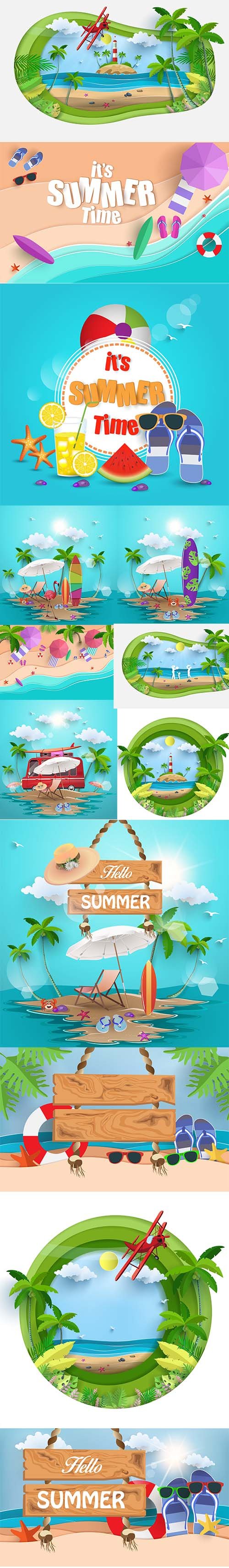 Island Beach with Summer Scene Illustrations