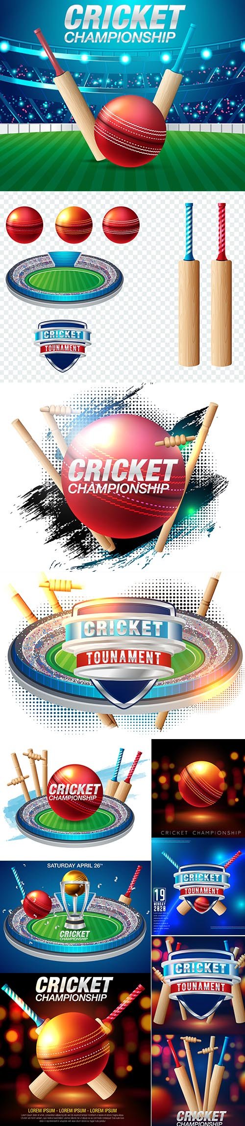 Set of Realistic Cricket Equipment Illustrations