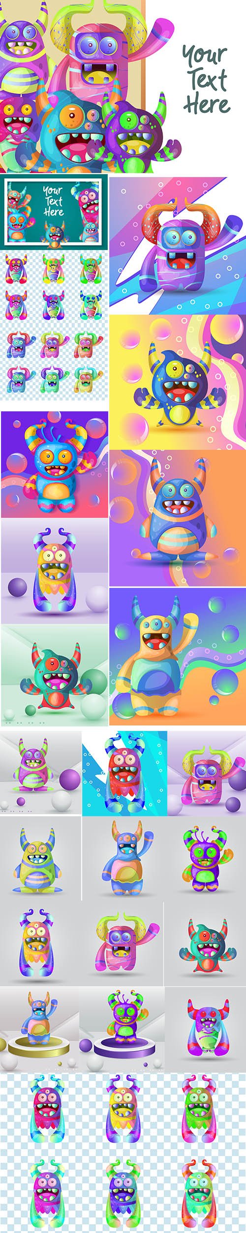 Set of Cute Cartoon Monster Illustrations