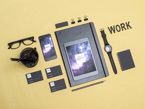 Business Card, Tablet, and Smartphone Mockup on a Surface with Office Supplies