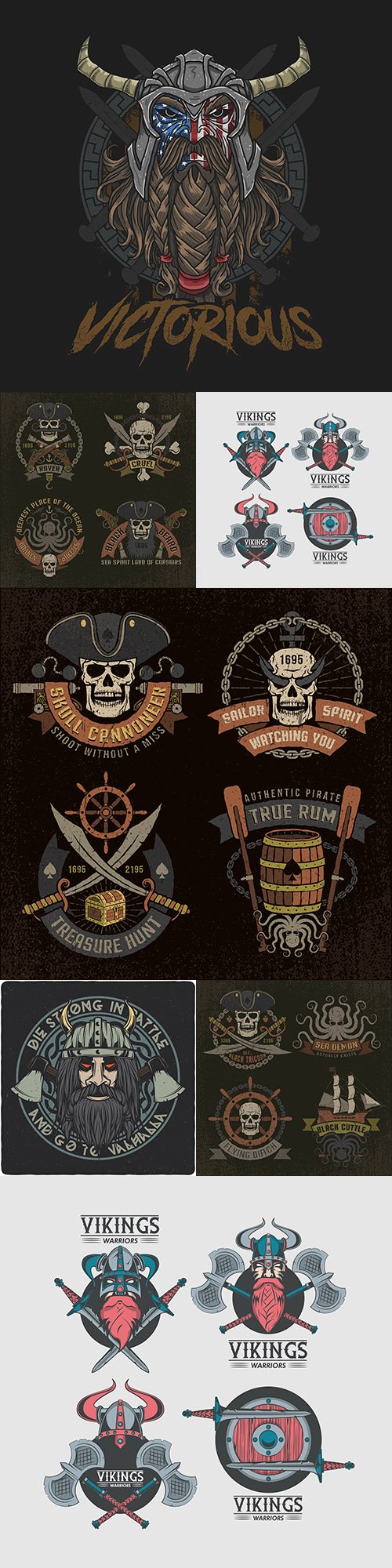 Viking and skull pirate with weapon vintage emblem