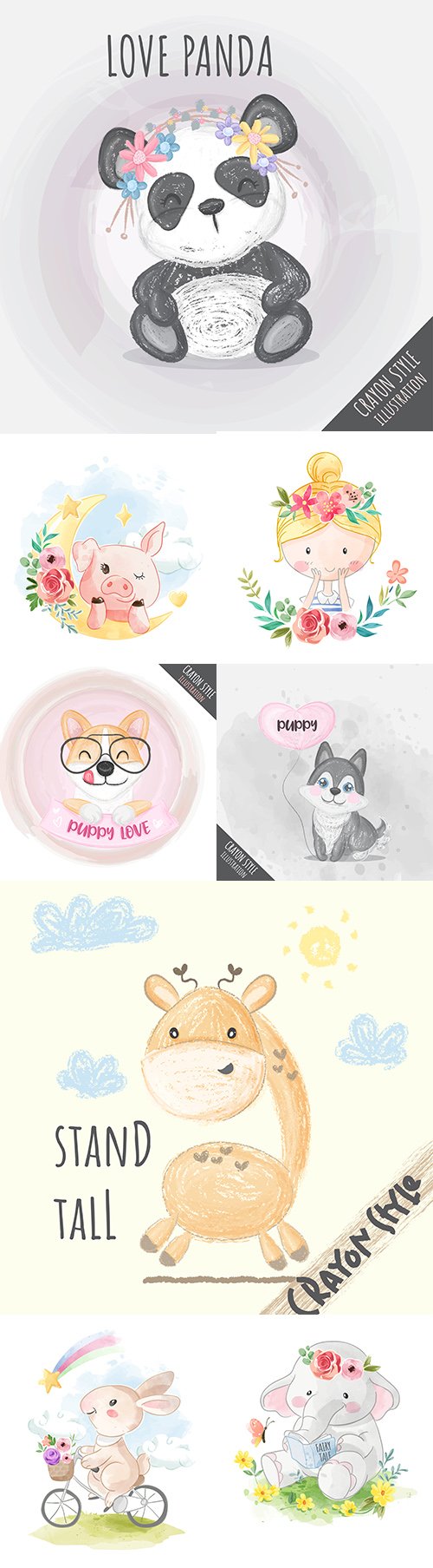 Nice vector illustrations animals and girls with pencil