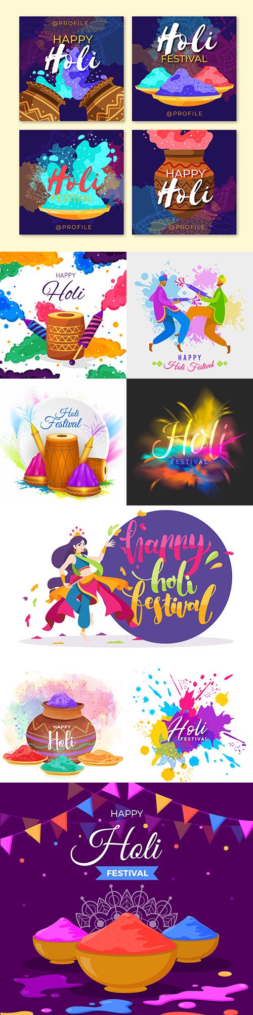Happy holi traditional festival colorful illustrations