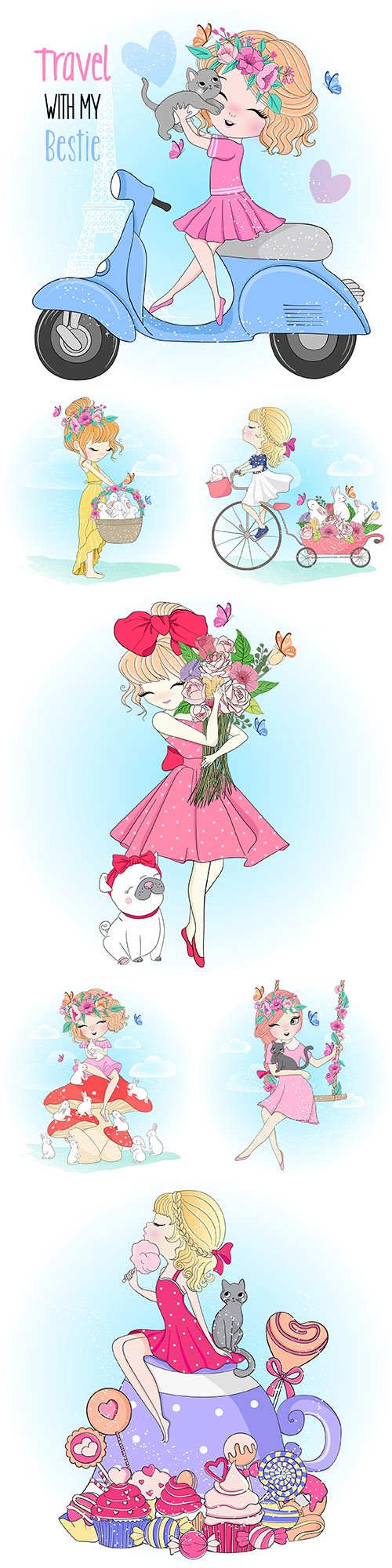 Cute girl with flowers and animals painted illustration