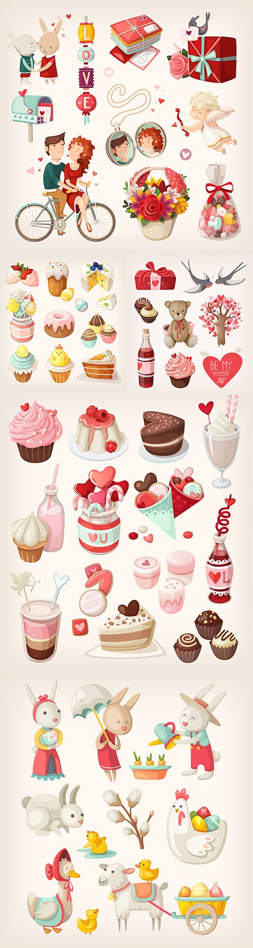 Easter characters and romantic objects colection icons