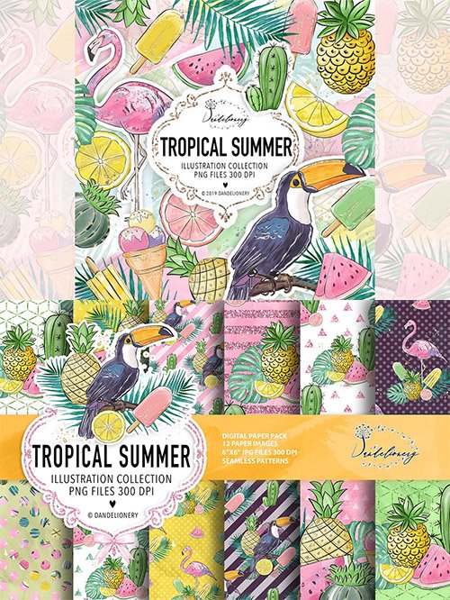 Tropical summer digital paper pack