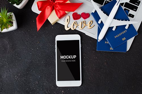 Travel Booking with Smartphone, Airplane Model and Passports PSD Mockup